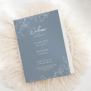 Dusty Blue Minimal Leaf Wedding Folded Program Programme