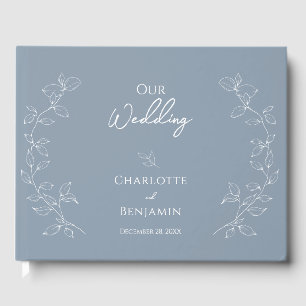 Dusty Blue Minimal Leaf Wedding Guest Book