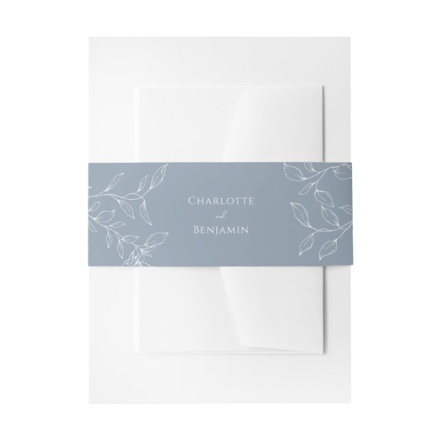 Dusty Blue Minimal Leaf Wedding Invitation Belly Band (Front Example)