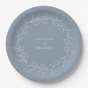 Dusty Blue Minimal Leaf Wedding Paper Plate