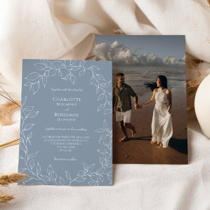 Dusty Blue Minimal Leaf Wedding Photo Invitation
