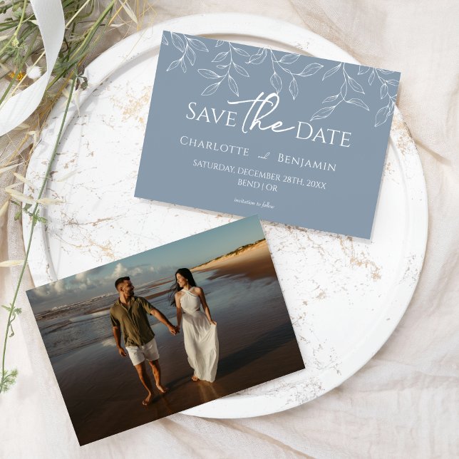 Dusty Blue Minimal Leaf Wedding Photo Save The Date (Creator Uploaded)