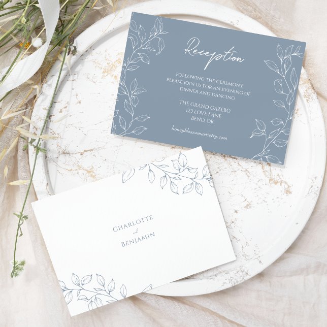 Dusty Blue Minimal Leaf Wedding Reception Enclosure Card (Creator Uploaded)