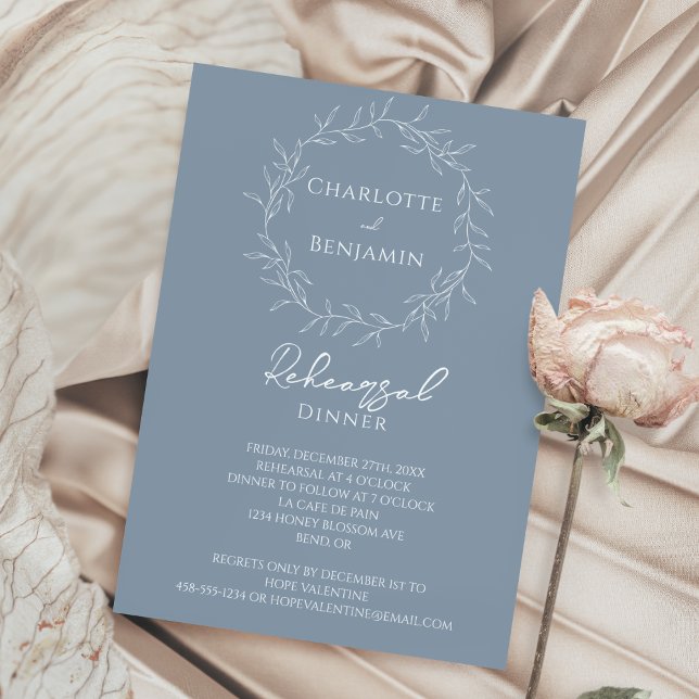 Dusty Blue Minimal Leaf Wedding Rehearsal Dinner Invitation (Creator Uploaded)