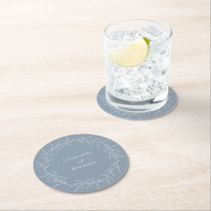 Dusty Blue Minimal Leaf Wedding Round Paper Coaster