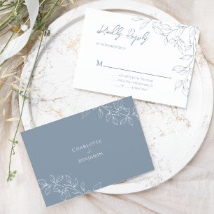 Dusty Blue Minimal Leaf Wedding RSVP Card