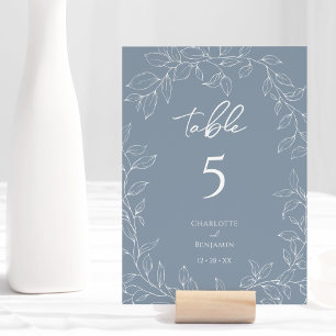 Dusty Blue Minimal Leaf Wedding Table Number