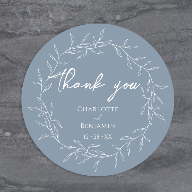 Dusty Blue Minimal Leaf Wedding Thank You Classic Round Sticker (Creator Uploaded)