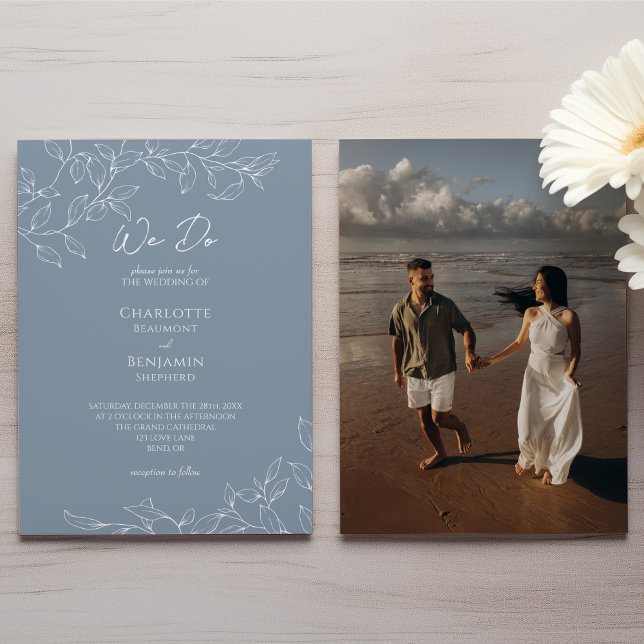 Dusty Blue Minimal Leaf Wedding We Do Photo Invitation (Creator Uploaded)