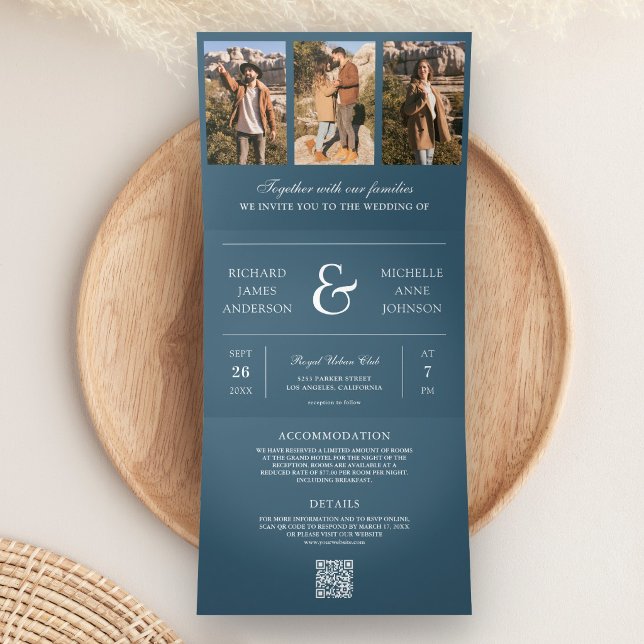 Dusty Blue Minimal Photo Collage QR Code Wedding Tri-Fold Invitation (Creator Uploaded)