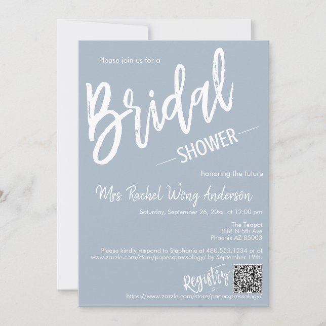 Dusty Blue Minimal Script Bridal Shower QR Code Invitation (Front)