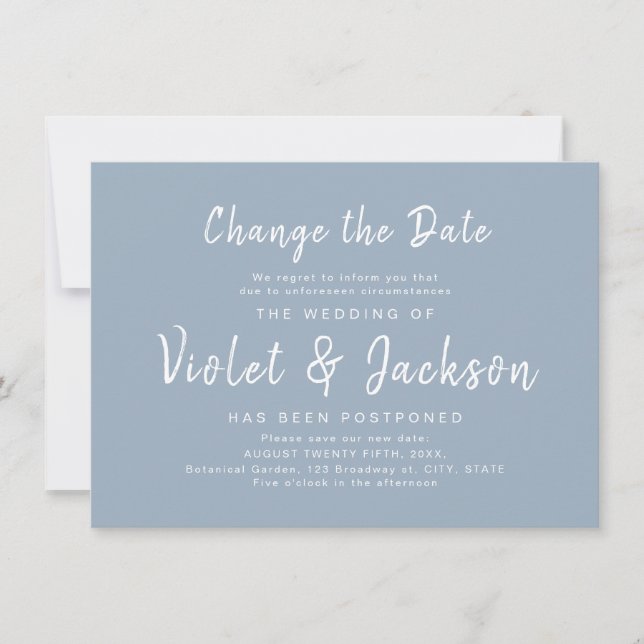 Dusty blue minimal script change the date wedding invitation (Front)