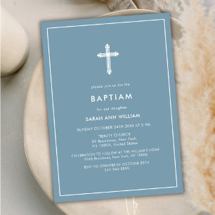 Dusty Blue Minimal Typography Cross Frame Baptism Invitation
