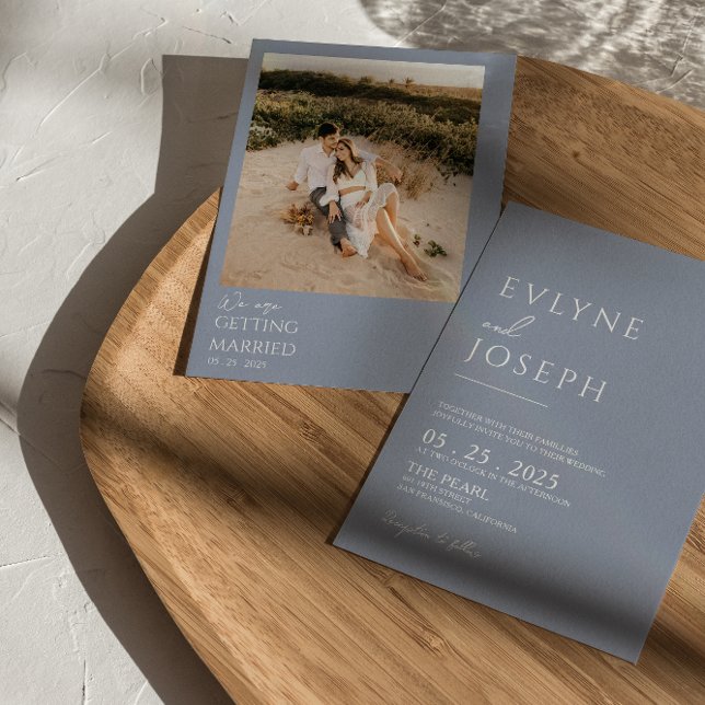 Dusty Blue Minimalist Boho Neutral Photo Wedding Invitation (Creator Uploaded)