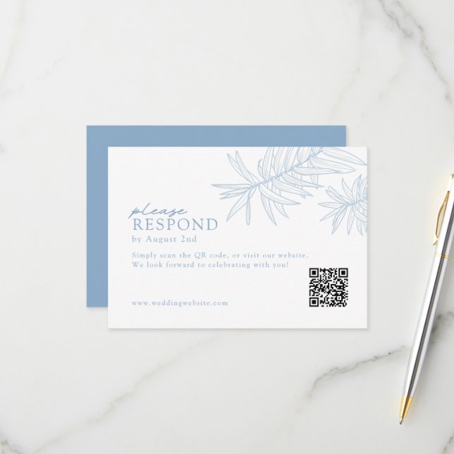 Dusty Blue Minimalist Botanical QR Code  RSVP Card (Front/Back In Situ)