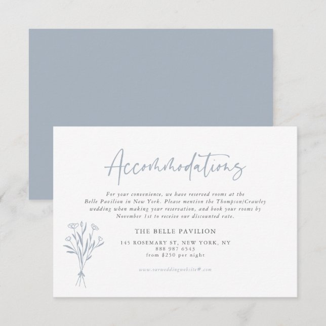 Dusty Blue Minimalist Bouquet Accommodations Enclosure Card (Front/Back)