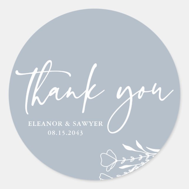 Dusty Blue Minimalist Bouquet Wedding Thank You Classic Round Sticker (Front)