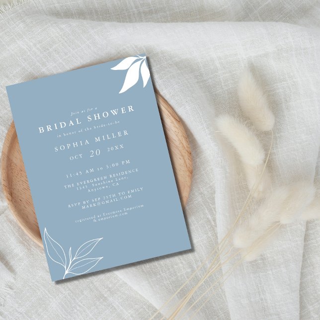 Dusty Blue Minimalist Branch Leaves Bridal Shower Invitation (Creator Uploaded)