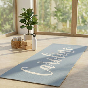 Dusty Blue Minimalist Calligraphy Personalised Yoga Mat