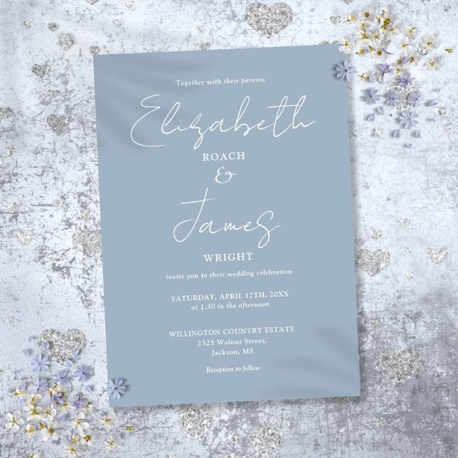 Dusty Blue Minimalist Elegant Script Wedding Invitation (Dusty Blue Minimalist Elegant Script Wedding Invitation)