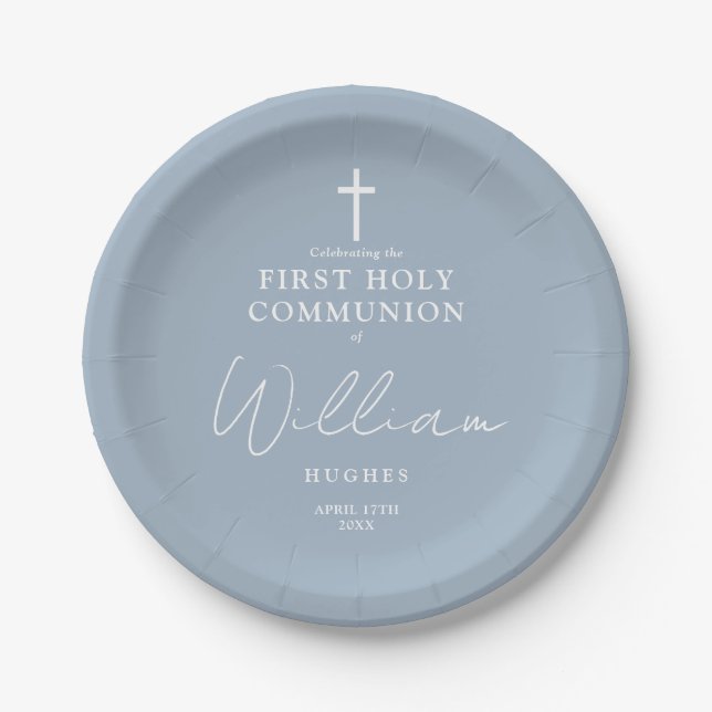 Dusty Blue Minimalist First Holy Communion Paper Plate (Front)