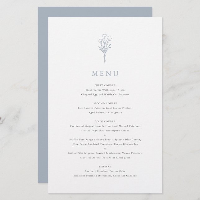 Dusty Blue Minimalist Floral Bouquet Menu Card (Front/Back)