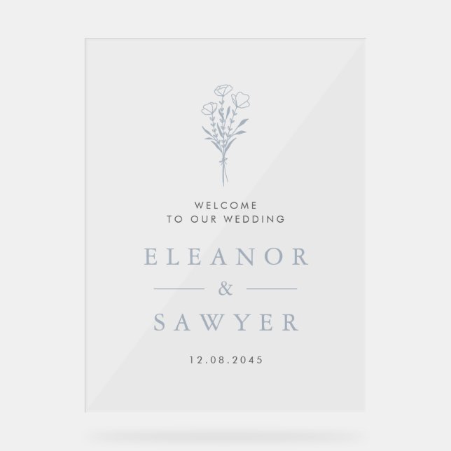 Dusty Blue Minimalist Floral Bouquet Wedding Acrylic Sign (Front)