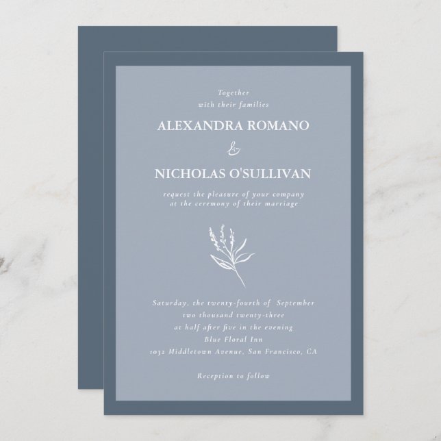 Dusty Blue Minimalist Floral Wedding Invitation (Front/Back)
