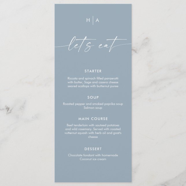 Dusty Blue Minimalist Handwriting Wedding Dinner  Menu (Front)
