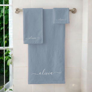 Dusty Blue Minimalist Modern Monogram Elegant Bath Towel Set
