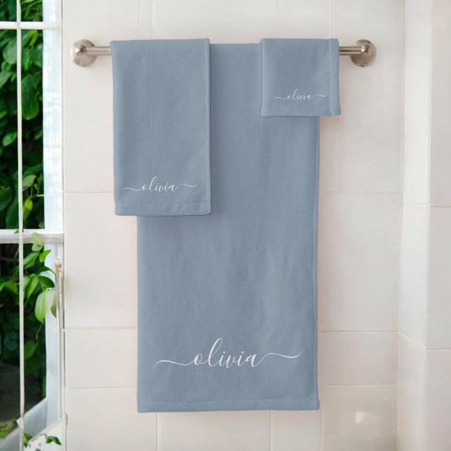 Dusty Blue Minimalist Modern Monogram Elegant Bath Towel Set (Creator Uploaded)