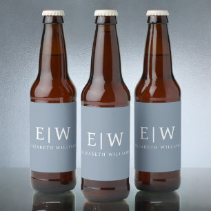 Dusty Blue Minimalist Modern Monogram Elegant Beer Bottle Label