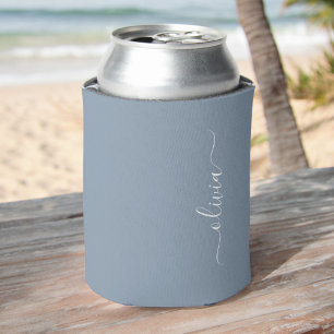 Dusty Blue Minimalist Modern Monogram Elegant Can Cooler