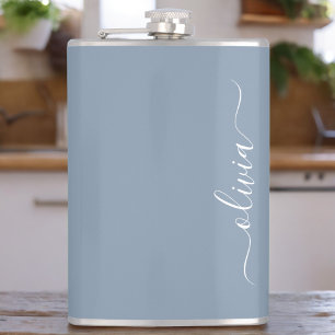 Dusty Blue Minimalist Modern Monogram Elegant Hip Flask