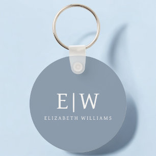 Dusty Blue Minimalist Modern Monogram Elegant Key Ring