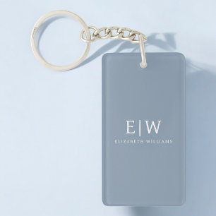 Dusty Blue Minimalist Modern Monogram Elegant Key Ring