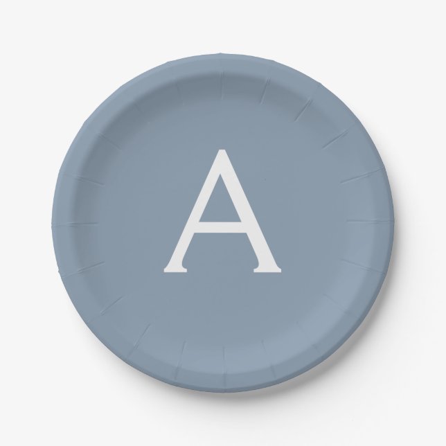 Dusty Blue Minimalist Modern Monogram Elegant  Paper Plate (Front)