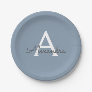 Dusty Blue Minimalist Modern Monogram Elegant  Paper Plate