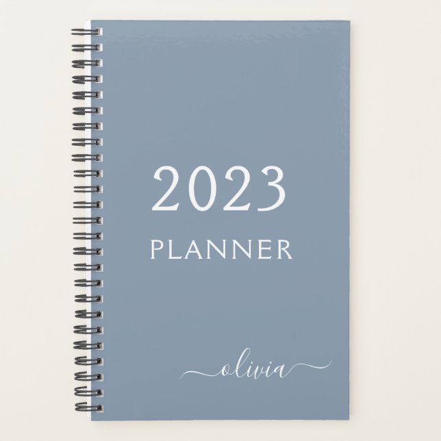 Dusty Blue Minimalist Modern Monogram Elegant Planner (Front)