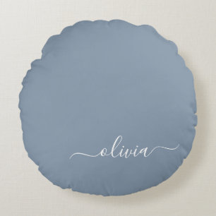 Dusty Blue Minimalist Modern Monogram Elegant  Round Cushion