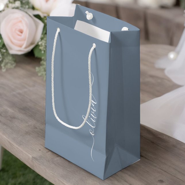 Dusty Blue Minimalist Modern Monogram Elegant Small Gift Bag (Creator Uploaded)