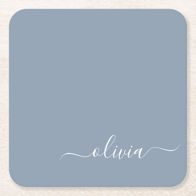 Dusty Blue Minimalist Modern Monogram Elegant  Square Paper Coaster (Front)