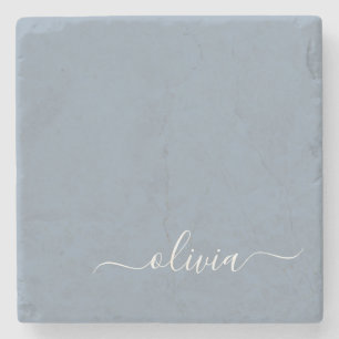 Dusty Blue Minimalist Modern Monogram Elegant Stone Coaster