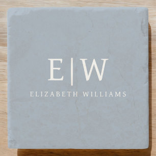 Dusty Blue Minimalist Modern Monogram Elegant Stone Coaster