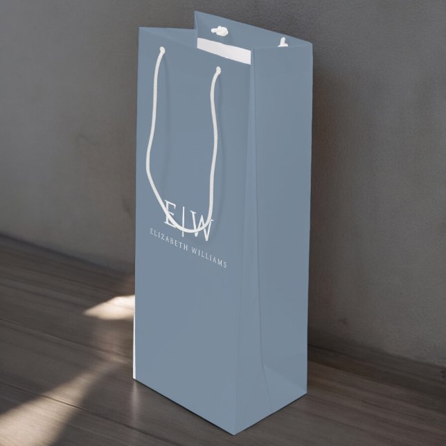 Dusty Blue Minimalist Modern Monogram Elegant Wine Gift Bag (Creator Uploaded)