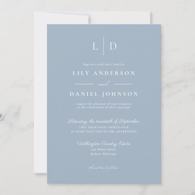 Dusty Blue Minimalist Monogram QR Code Wedding Invitation (Front)
