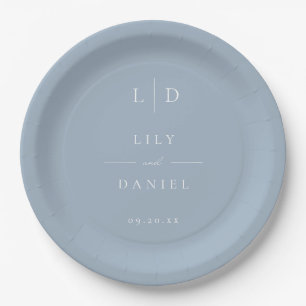 Dusty Blue Minimalist Monogram Wedding Paper Plate
