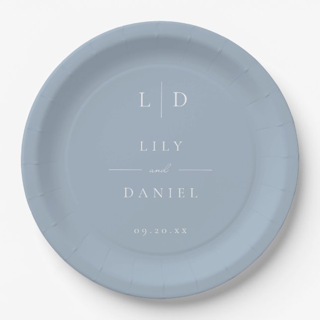 Dusty Blue Minimalist Monogram Wedding Paper Plate (Front)