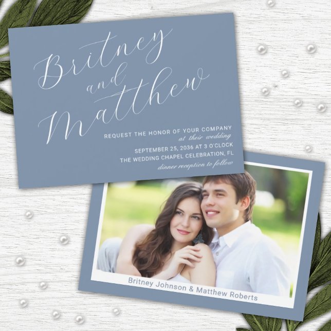 Dusty Blue Minimalist Photo Elegant Script Wedding Invitation (Creator Uploaded)