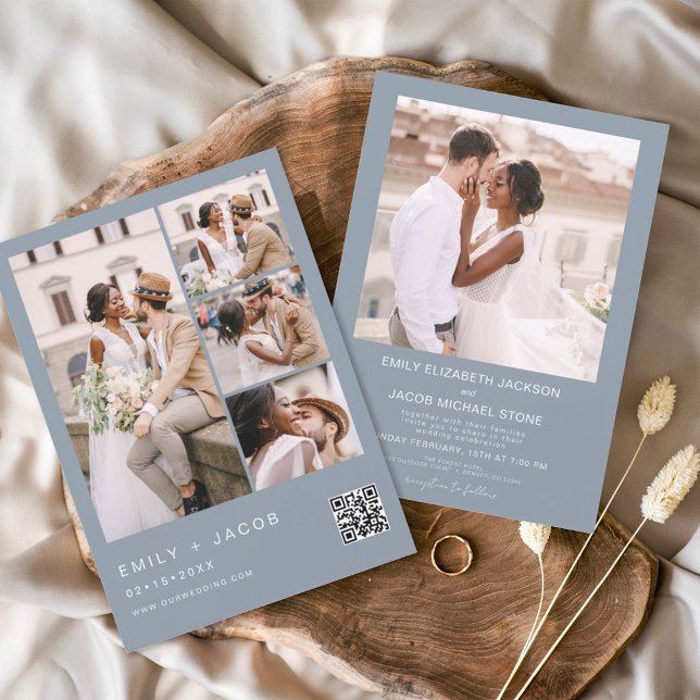 Dusty Blue Minimalist Photo QR code White Wedding Invitation (Creator Uploaded)